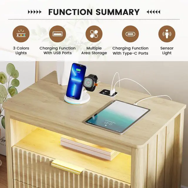 Alt view image 4 of 7 - 3-Color LED Sensor Nightstand with Gun Drawer, Charge Station, Wood