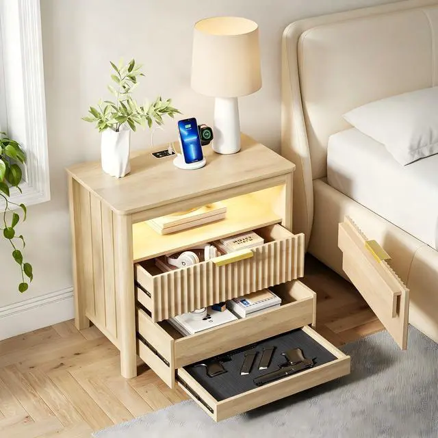 Main image of 3-Color LED Sensor Nightstand with Gun Drawer, Charge Station, Wood