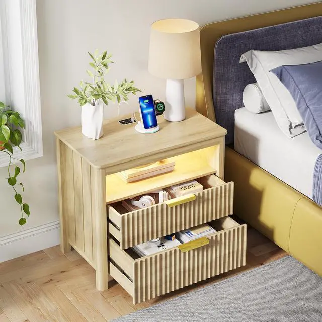 Alt view image 7 of 7 - 3-Color LED Sensor Nightstand with Gun Drawer, Charge Station, Wood