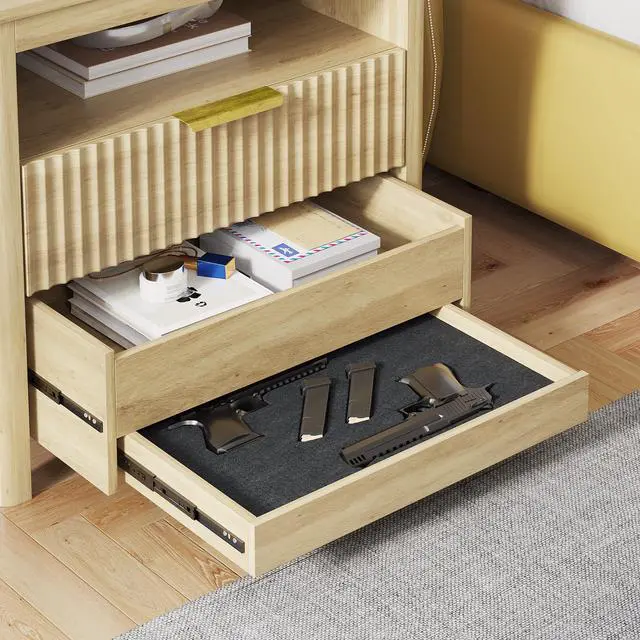 Alt view image 6 of 7 - 3-Color LED Sensor Nightstand with Gun Drawer, Charge Station, Wood