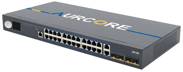 Main image of AurCore AES2011P 24-Port Gigabit PoE+ Switch with LCD Display, 1U Rackmount, for IP Camera and Surveillance Networks, VLAN QoS ACL, 3-Year Warranty