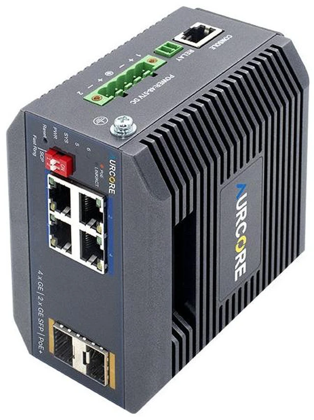 Main image of AurCore AIS2001P 4-Port Gigabit PoE+ DIN-Rail Industrial Switch, Layer 2+ Managed, Wide Temperature Range, for IP Cameras, VLAN QoS ACL, 3-Year Warranty