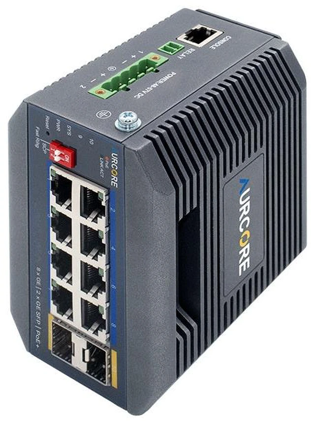 Main image of AurCore AIS2002P 8-Port Gigabit PoE+ Industrial DIN-Rail Switch, Layer 2+ Managed, Wide Temperature Range, for IP Cameras, VLAN QoS ACL, 3-Year Warranty