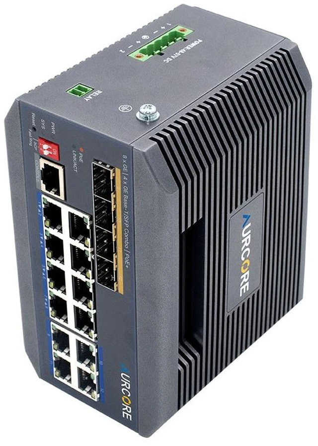 Main image of AurCore AIS2003P 8-Port PoE+ Industrial Switch, 4 Combo Ports, Layer 2+ Managed, DIN-Rail Mount, Wide Temperature Range, for IP Cameras, VLAN QoS ACL, 3-Year Warranty