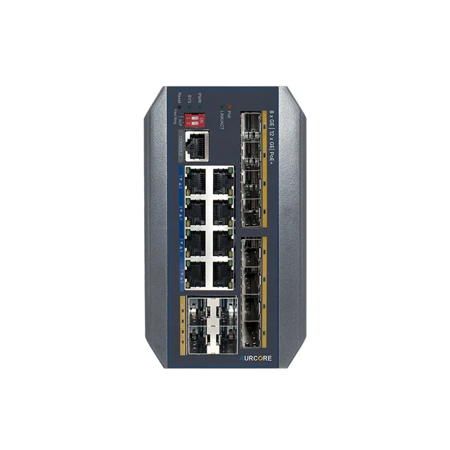 Alt view image 2 of 3 - AurCore AIS2004P 8-Port PoE+ Industrial Fiber Switch, 12 SFP, DIN-Rail Mount, VLAN QoS ACL, 3-Year Warranty