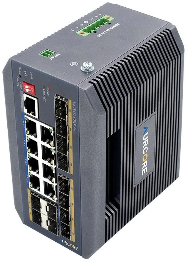Main image of AurCore AIS2004P 8-Port PoE+ Industrial Fiber Switch, 12 SFP, DIN-Rail Mount, VLAN QoS ACL, 3-Year Warranty