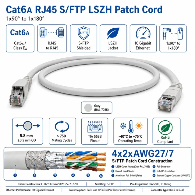 Alt view image 2 of 2 - Telegartner Cat6A RJ45 S/FTP Shielded LSZH 90 Degree Patch Cable 2 Meter - 6.56 ft