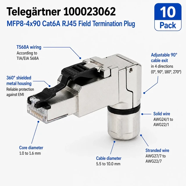 Alt view image 2 of 2 - Telegärtner 100023062 Cat6A RJ45 Right Angle Field Plug T568B AWG24-22 Pack of 10