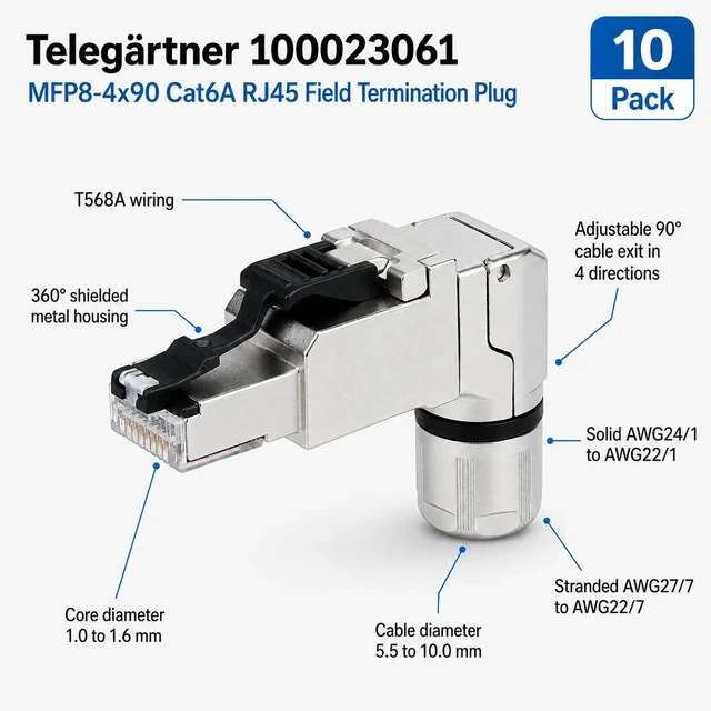 Alt view image 2 of 2 - Telegärtner 100023061 Cat6A RJ45 Right Angle Field Plug T568A AWG24-22 Pack of 10
