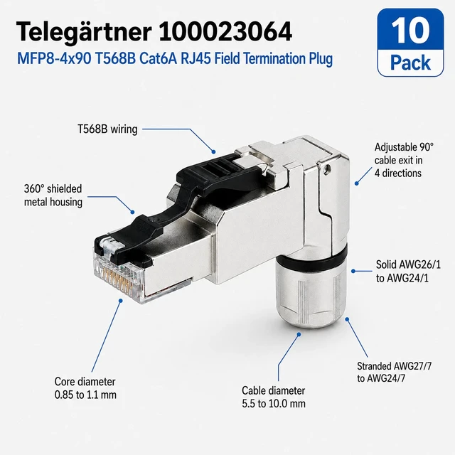 Alt view image 2 of 2 - Telegärtner 100023064 Cat6A RJ45 Right Angle Field Plug T568B AWG26-24 Pack of 10