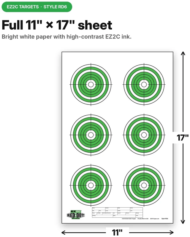Alt view image 3 of 6 - EZ2C Targets RD6 Six 4" Green Bullseyes Paper Shooting Targets, 25 Pack (Tear-Off Pad of 25), 11"x17", Made in USA - Red Dot Optic Zeroing