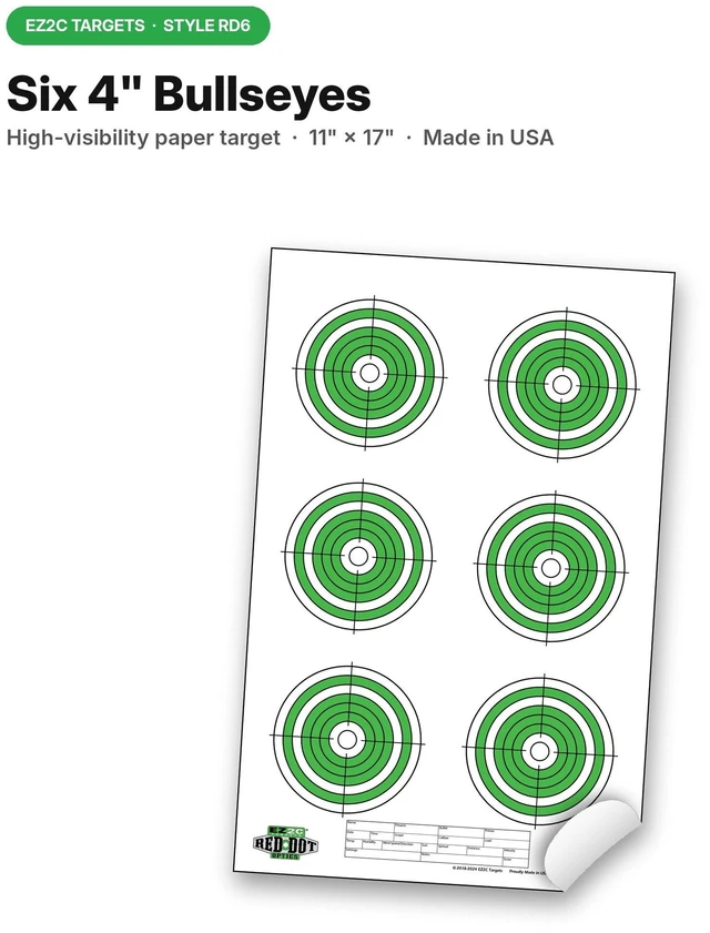Alt view image 4 of 6 - EZ2C Targets RD6 Six 4" Green Bullseyes Paper Shooting Targets, 25 Pack (Tear-Off Pad of 25), 11"x17", Made in USA - Red Dot Optic Zeroing
