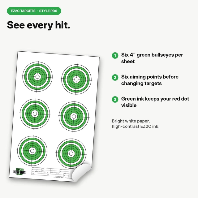 Alt view image 5 of 6 - EZ2C Targets RD6 Six 4" Green Bullseyes Paper Shooting Targets, 25 Pack (Tear-Off Pad of 25), 11"x17", Made in USA - Red Dot Optic Zeroing