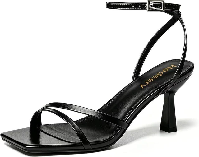 Main image of Strappy Heels For Women Square Open Toe Stiletto Dress Sandals Ankle Strap Kitten Heels Comfort For Party Wedding Daily Black 6.5