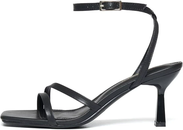 Alt view image 6 of 6 - Strappy Heels For Women Square Open Toe Stiletto Dress Sandals Ankle Strap Kitten Heels Comfort For Party Wedding Daily Black 6.5