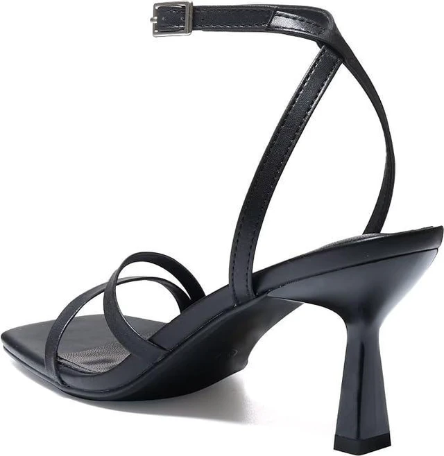 Alt view image 3 of 6 - Strappy Heels For Women Square Open Toe Stiletto Dress Sandals Ankle Strap Kitten Heels Comfort For Party Wedding Daily Black 6.5
