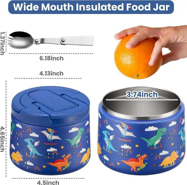 Alt view image 7 of 7 - 14oz Insulated Vacuum Food Jar with Buckle Lid,Soup Thermo for Hot Food Kids,Wide Mouth Leakproof Stainless Steel Lunch Container with Spoon-Dinosaur