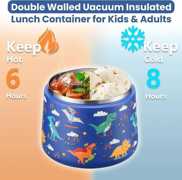 Alt view image 4 of 7 - 14oz Insulated Vacuum Food Jar with Buckle Lid,Soup Thermo for Hot Food Kids,Wide Mouth Leakproof Stainless Steel Lunch Container with Spoon-Dinosaur