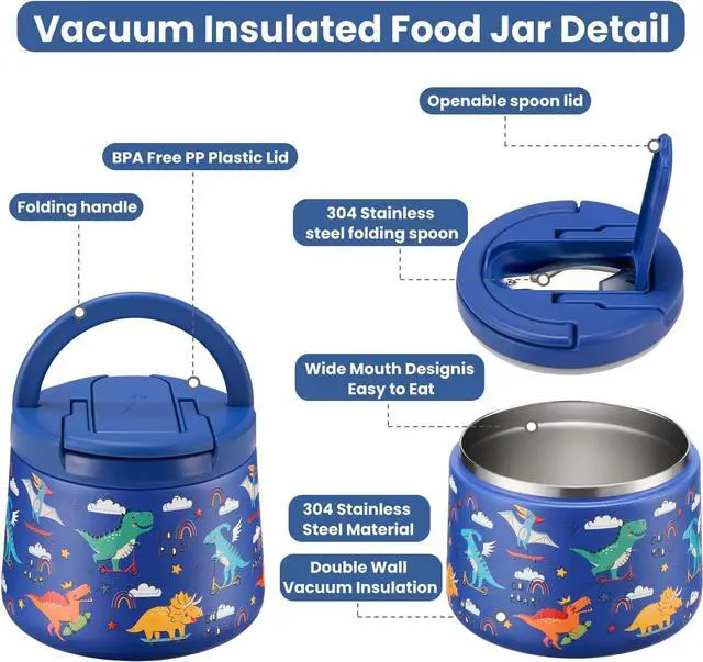 Alt view image 2 of 7 - 14oz Insulated Vacuum Food Jar with Buckle Lid,Soup Thermo for Hot Food Kids,Wide Mouth Leakproof Stainless Steel Lunch Container with Spoon-Dinosaur