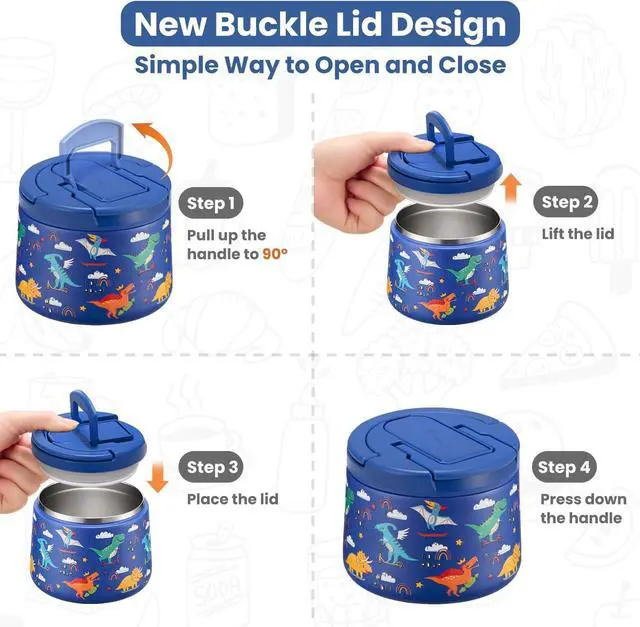 Alt view image 3 of 7 - 14oz Insulated Vacuum Food Jar with Buckle Lid,Soup Thermo for Hot Food Kids,Wide Mouth Leakproof Stainless Steel Lunch Container with Spoon-Dinosaur