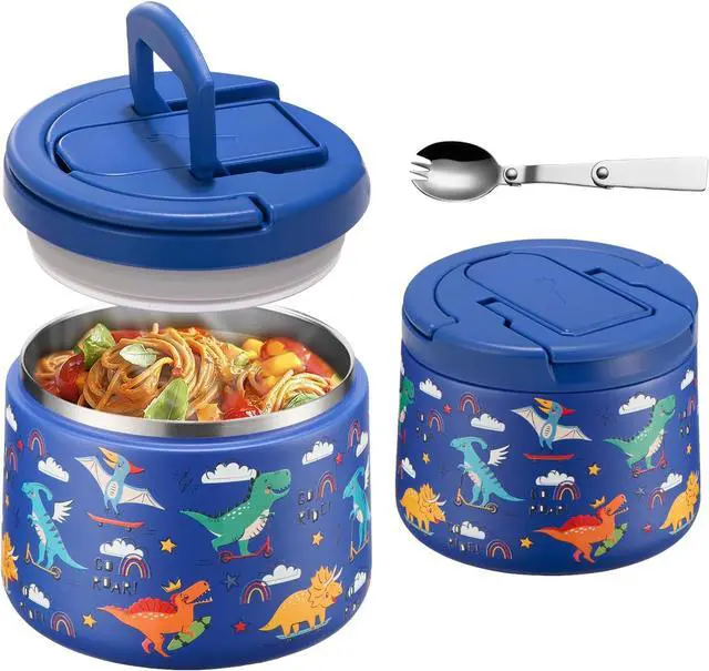 Main image of 14oz Insulated Vacuum Food Jar with Buckle Lid,Soup Thermo for Hot Food Kids,Wide Mouth Leakproof Stainless Steel Lunch Container with Spoon-Dinosaur