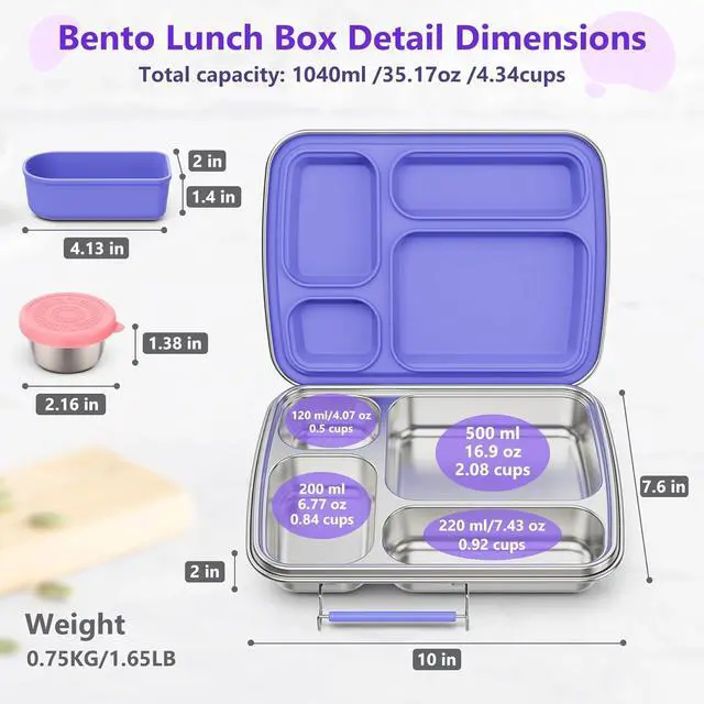 Alt view image 4 of 7 - Stainless Steel Bento Lunch Box for Kids & Adults, 4 Compartment Kids Lunch Box, Metal Bento Box with Silicone Container and Stainless Steel Sauce Container,BPA-Free,School,Office(Purple)