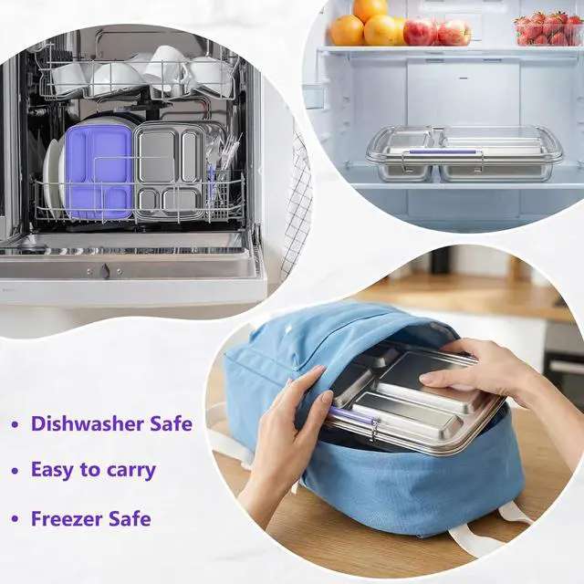 Alt view image 6 of 7 - Stainless Steel Bento Lunch Box for Kids & Adults, 4 Compartment Kids Lunch Box, Metal Bento Box with Silicone Container and Stainless Steel Sauce Container,BPA-Free,School,Office(Purple)