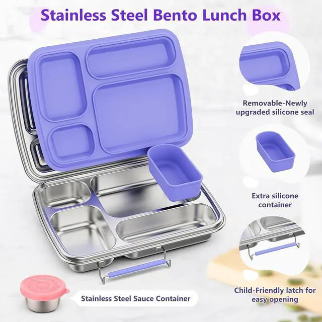 Alt view image 2 of 7 - Stainless Steel Bento Lunch Box for Kids & Adults, 4 Compartment Kids Lunch Box, Metal Bento Box with Silicone Container and Stainless Steel Sauce Container,BPA-Free,School,Office(Purple)