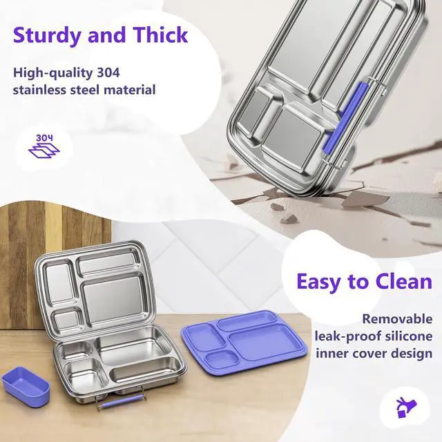 Alt view image 5 of 7 - Stainless Steel Bento Lunch Box for Kids & Adults, 4 Compartment Kids Lunch Box, Metal Bento Box with Silicone Container and Stainless Steel Sauce Container,BPA-Free,School,Office(Purple)