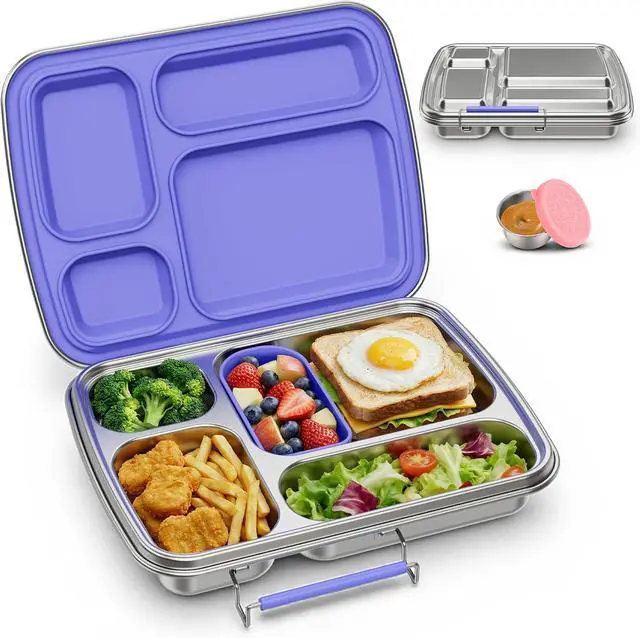 Main image of Stainless Steel Bento Lunch Box for Kids & Adults, 4 Compartment Kids Lunch Box, Metal Bento Box with Silicone Container and Stainless Steel Sauce Container,BPA-Free,School,Office(Purple)