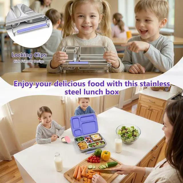 Alt view image 7 of 7 - Stainless Steel Bento Lunch Box for Kids & Adults, 4 Compartment Kids Lunch Box, Metal Bento Box with Silicone Container and Stainless Steel Sauce Container,BPA-Free,School,Office(Purple)