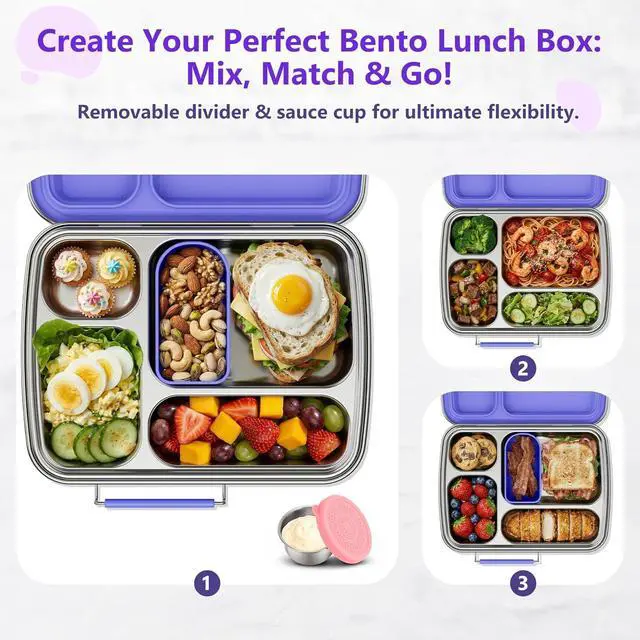 Alt view image 3 of 7 - Stainless Steel Bento Lunch Box for Kids & Adults, 4 Compartment Kids Lunch Box, Metal Bento Box with Silicone Container and Stainless Steel Sauce Container,BPA-Free,School,Office(Purple)
