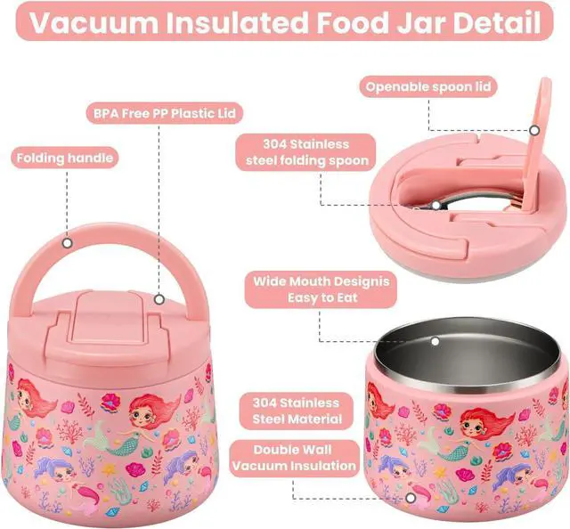 Alt view image 2 of 7 - 14oz Insulated Vacuum Food Jar with Buckle Lid,Soup Thermo for Hot Food Kids,Wide Mouth Leakproof Stainless Steel Lunch Container with Spoon-Mermaid