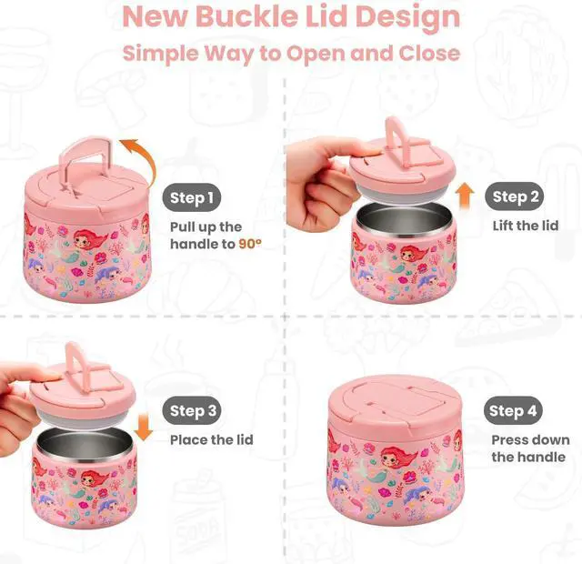 Alt view image 3 of 7 - 14oz Insulated Vacuum Food Jar with Buckle Lid,Soup Thermo for Hot Food Kids,Wide Mouth Leakproof Stainless Steel Lunch Container with Spoon-Mermaid