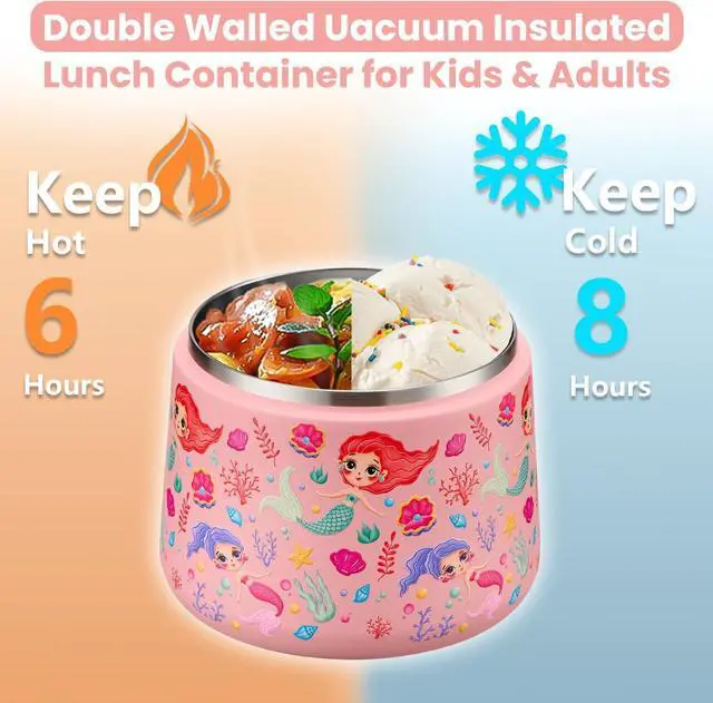 Alt view image 4 of 7 - 14oz Insulated Vacuum Food Jar with Buckle Lid,Soup Thermo for Hot Food Kids,Wide Mouth Leakproof Stainless Steel Lunch Container with Spoon-Mermaid