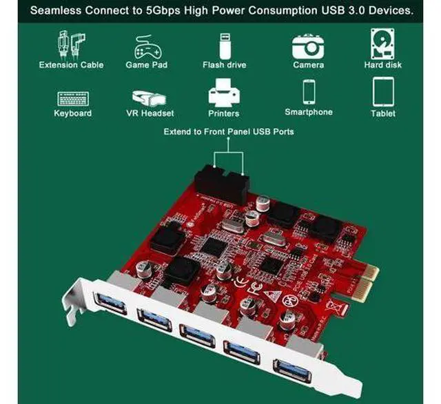 Alt view image 4 of 5 - FebSmart 7-Ports Superspeed 5Gbps USB 3.0 PCIE Expansion Card, 5-Ports USB-A and an 19Pin USB 3.0 Header, Built in FebSmart Self-Powered Technology, No Need Additional Power Supply (FS-U7S-Pro)