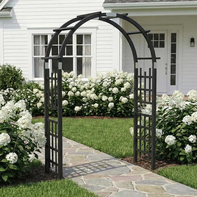 Alt view image 6 of 7 - 7Ft Wooden Garden Arbor Arch, Wood Arbor Trellis, Pergola Archway for Wedding Ceremony Decoration Pergola Plant Climbing Rose Vines Lawn Courtyard Patio Black