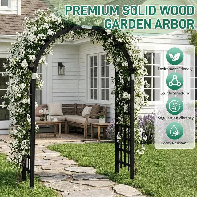 Alt view image 5 of 7 - 7Ft Wooden Garden Arbor Arch, Wood Arbor Trellis, Pergola Archway for Wedding Ceremony Decoration Pergola Plant Climbing Rose Vines Lawn Courtyard Patio Black