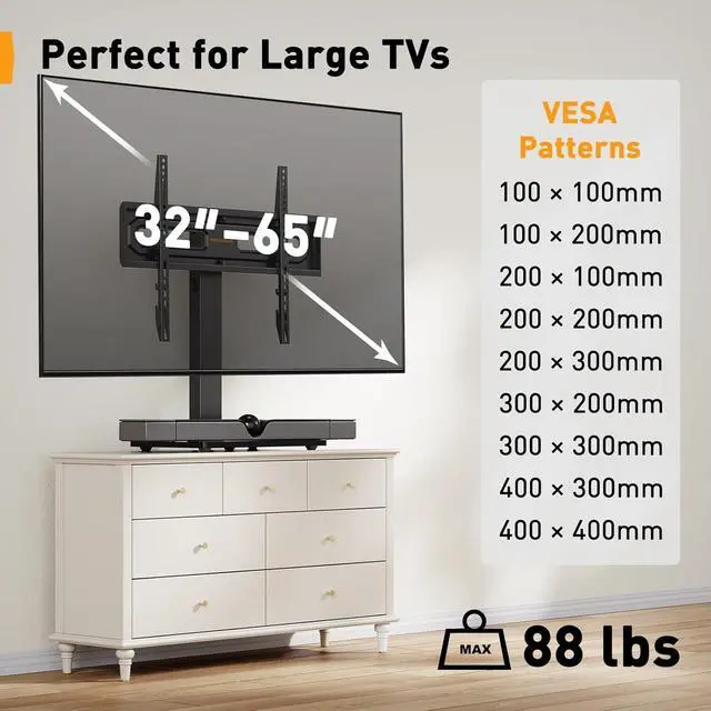 Alt view image 2 of 7 - Table Top TV Stand Mount, Universal Swivel TV Stand for 3260,65 Inch LCD/LED/OLED TVs up to 88 lbs with Tempered Glass Base, Height Adjustable TV Base with Tilt, Max VESA 400x400mm