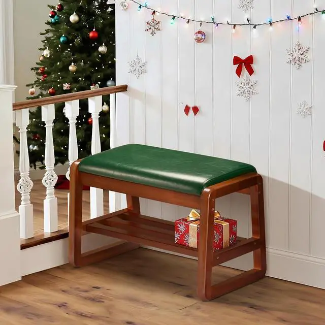 Main image of Solid Wood Shoe Rack, Entryway Shoe Bench with Cushion, 2 Tier Shoes Organizer for Entryway, Hallway, Living Room-(Green,21.65"-S)
