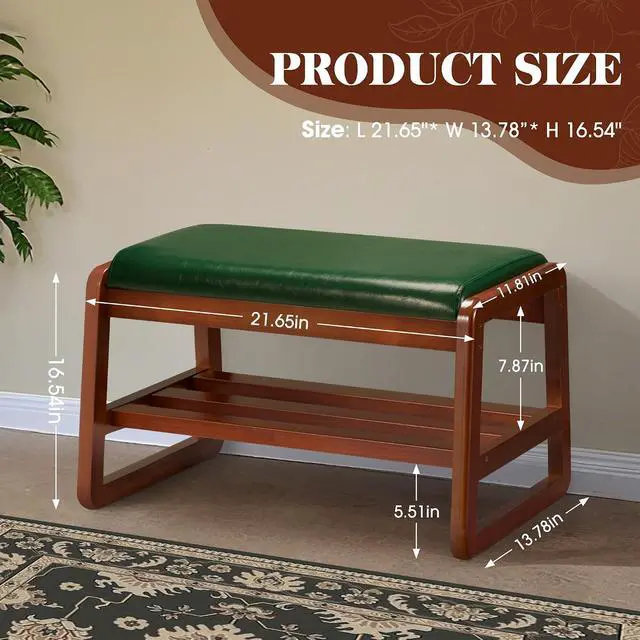 Alt view image 2 of 7 - Solid Wood Shoe Rack, Entryway Shoe Bench with Cushion, 2 Tier Shoes Organizer for Entryway, Hallway, Living Room-(Green,21.65"-S)