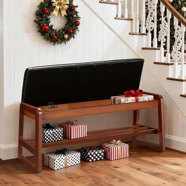 Main image of Solid Wood Shoe Rack with Flip-Top Storage, Entryway Shoe Bench with Cushion, 2 Tier Shoes Storage Organizer for Hallway, Living Room-(Black,39.37"-L)