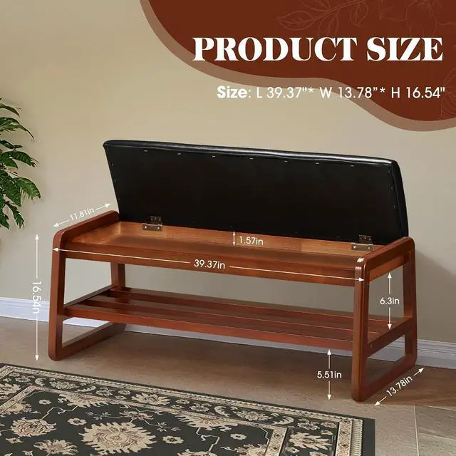 Alt view image 2 of 7 - Solid Wood Shoe Rack with Flip-Top Storage, Entryway Shoe Bench with Cushion, 2 Tier Shoes Storage Organizer for Hallway, Living Room-(Black,39.37"-L)