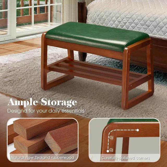 Alt view image 4 of 7 - Solid Wood Shoe Rack, Entryway Shoe Bench with Cushion, 2 Tier Shoes Organizer for Entryway, Hallway, Living Room-(Green,21.65"-S)