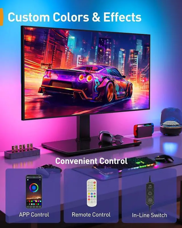 Alt view image 3 of 7 - Universal Swivel TV Stand with LED Lights for 3070 inch TVs, Height Adjustable Table Top TV Stand with Tilt, Tempered Glass Base, Holds up to 88 lbs, Max VESA 400x400mm, PGTVS32B