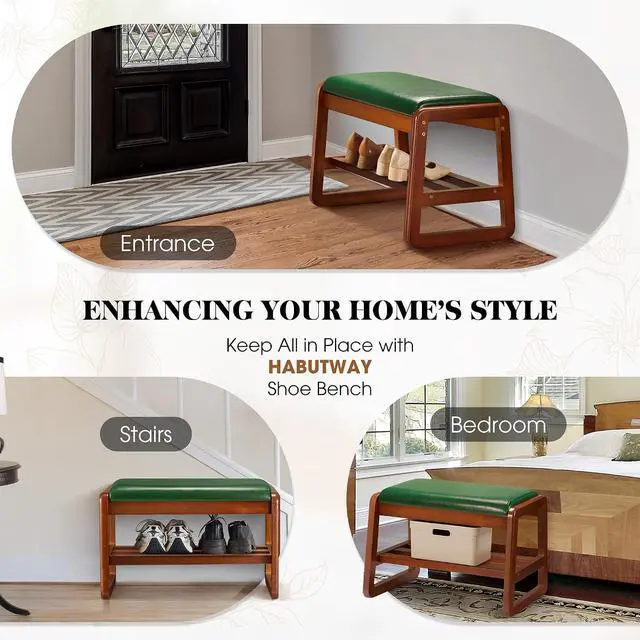 Alt view image 5 of 7 - Solid Wood Shoe Rack, Entryway Shoe Bench with Cushion, 2 Tier Shoes Organizer for Entryway, Hallway, Living Room-(Green,21.65"-S)