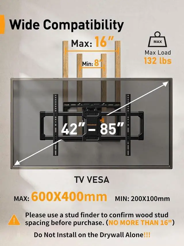 Alt view image 7 of 7 - UL Listed Full Motion TV Wall Mount for Most 42-85 inch TV & Preassembled Full Motion TV Mount for 32-65 Inch TV