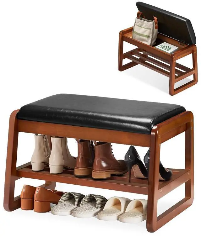 Main image of Solid Wood Shoe Rack with Flip-Top Storage, Entryway Shoe Bench with Cushion, 2 Tier Shoes Storage Organizer for Hallway, Living Room-(Black,21.65"-S)
