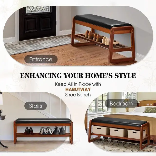 Alt view image 5 of 7 - Solid Wood Shoe Rack with Flip-Top Storage, Entryway Shoe Bench with Cushion, 2 Tier Shoes Storage Organizer for Hallway, Living Room-(Black,39.37"-L)