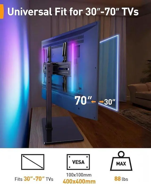 Alt view image 6 of 7 - Universal Swivel TV Stand with LED Lights for 3070 inch TVs, Height Adjustable Table Top TV Stand with Tilt, Tempered Glass Base, Holds up to 88 lbs, Max VESA 400x400mm, PGTVS32B